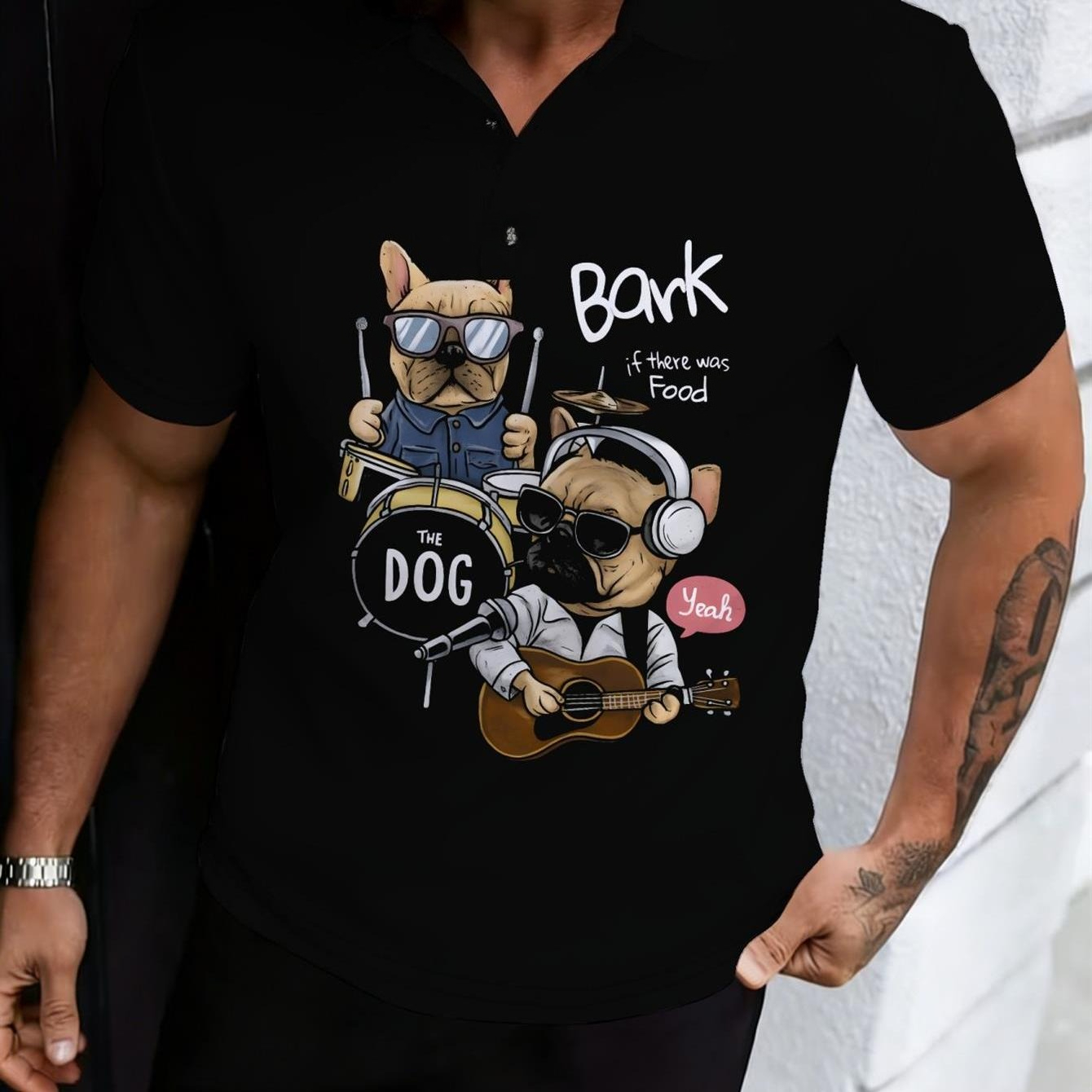 Men'S Formal Beach Wear - เสื้อโปโลลำลองผู้ชาย สีดำ พิมพ์ลายวงดนตรีเฟรนช์ บูลโลก สำหรับฤดูร้อน ใส่ได้ทุกวัน