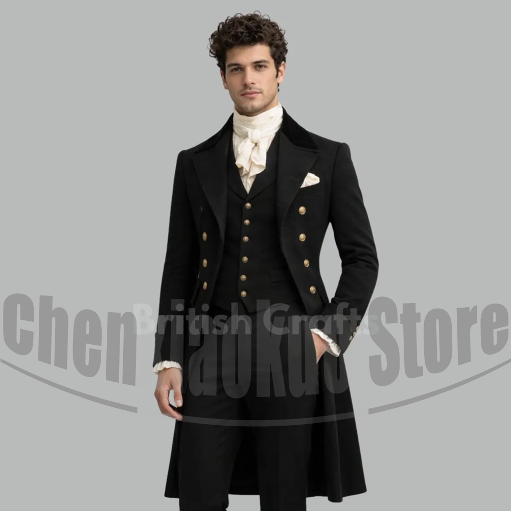 Victorian Men'S Formal Wear - ชุดสูทผู้ชายสีดำสไตล์วิคตอเรียนแบบ 3 ชิ้น กระดุมทองแบบสองแถว สำหรับงานพิธีการ งานแต่งงาน