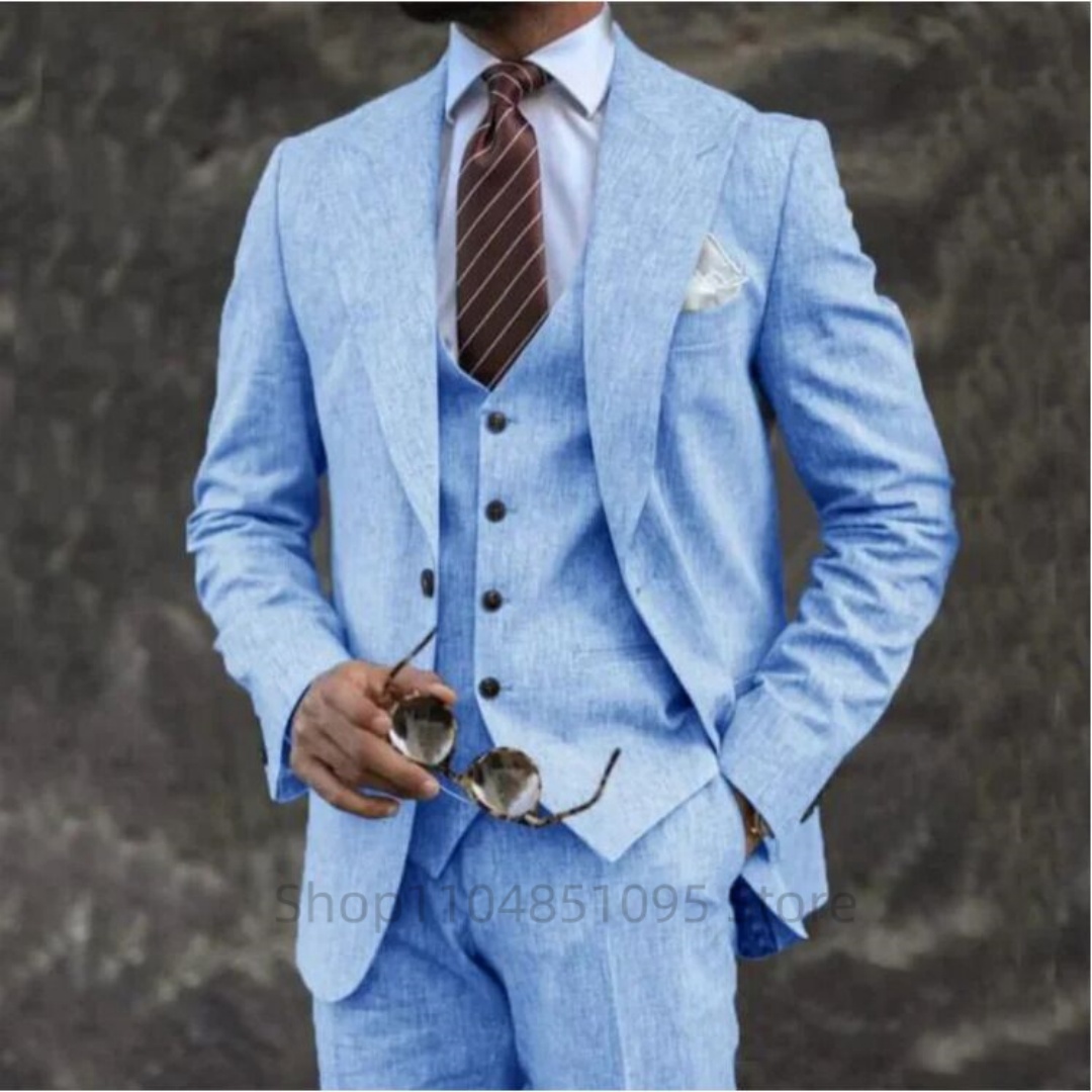 Men'S Formal Beach Wear - ชุดสูทผู้ชายผ้าลินินสีเบจ/น้ำเงิน 3 ชิ้น คุณภาพสูง ปกแหลม ทรงเข้ารูป