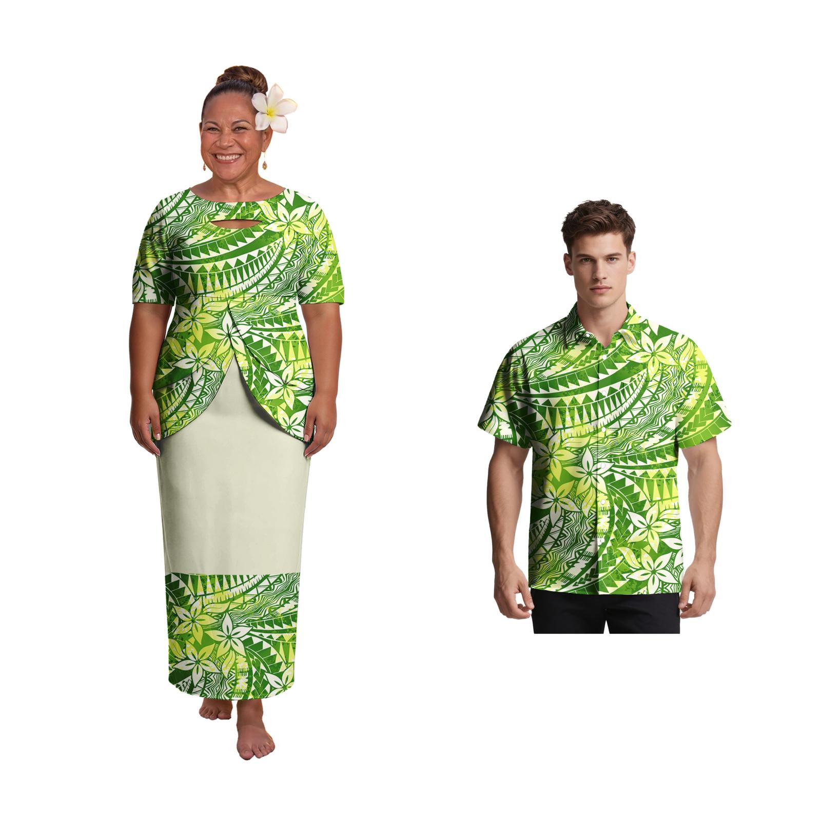 Men'S Hawaiian Formal Wear - เสื้อคู่โอเวอร์ไซส์แฟชั่นขายดี เสื้อเชิ้ตฮาวายลายดอกชบาสำหรับผู้ชาย เสื้อผู้หญิงแบบ Puletasi ชุดคู่สไตล์ซามัวโพลีนีเซียน