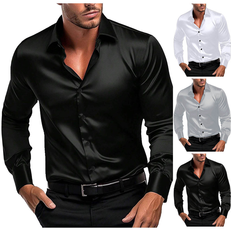 เสื้อเชิ้ตผู้ชายแขนยาวผ้าซาติน - Mens Formal Look บทวิจารณ์และราคา